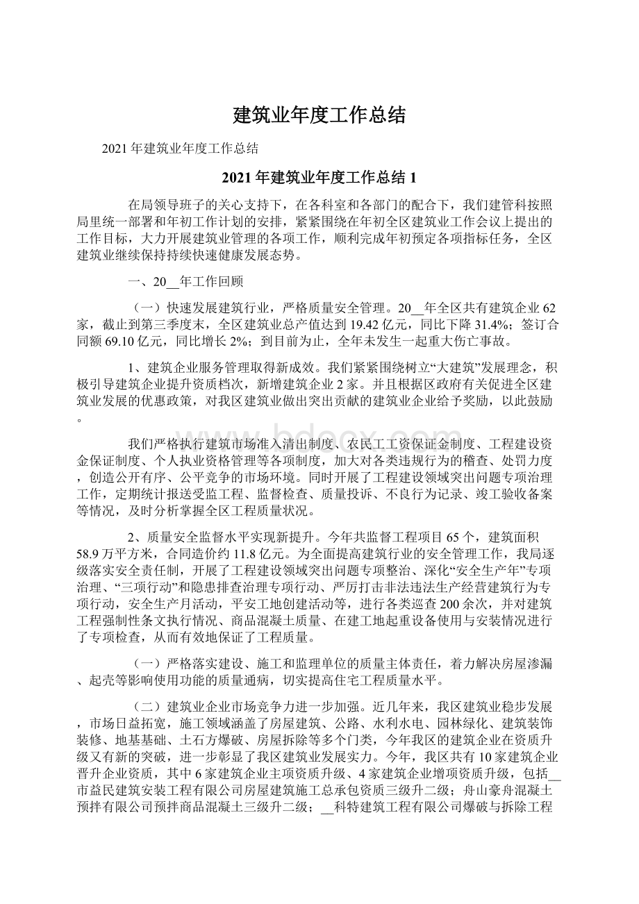 建筑业年度工作总结文档格式.docx