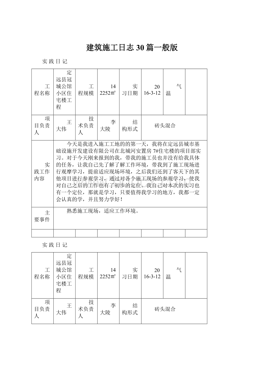 建筑施工日志30篇一般版Word格式文档下载.docx_第1页