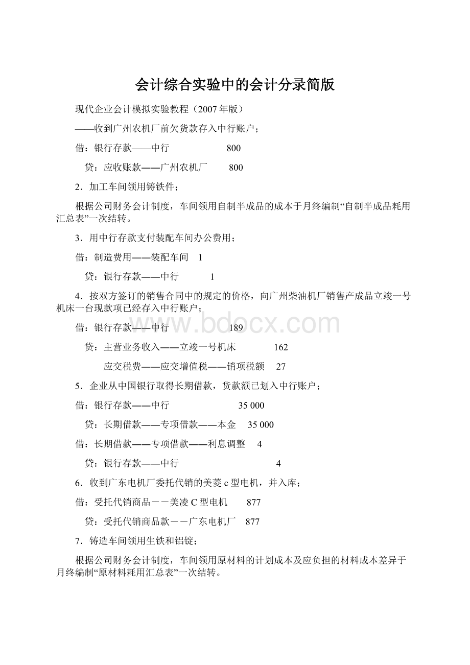 会计综合实验中的会计分录简版.docx_第1页