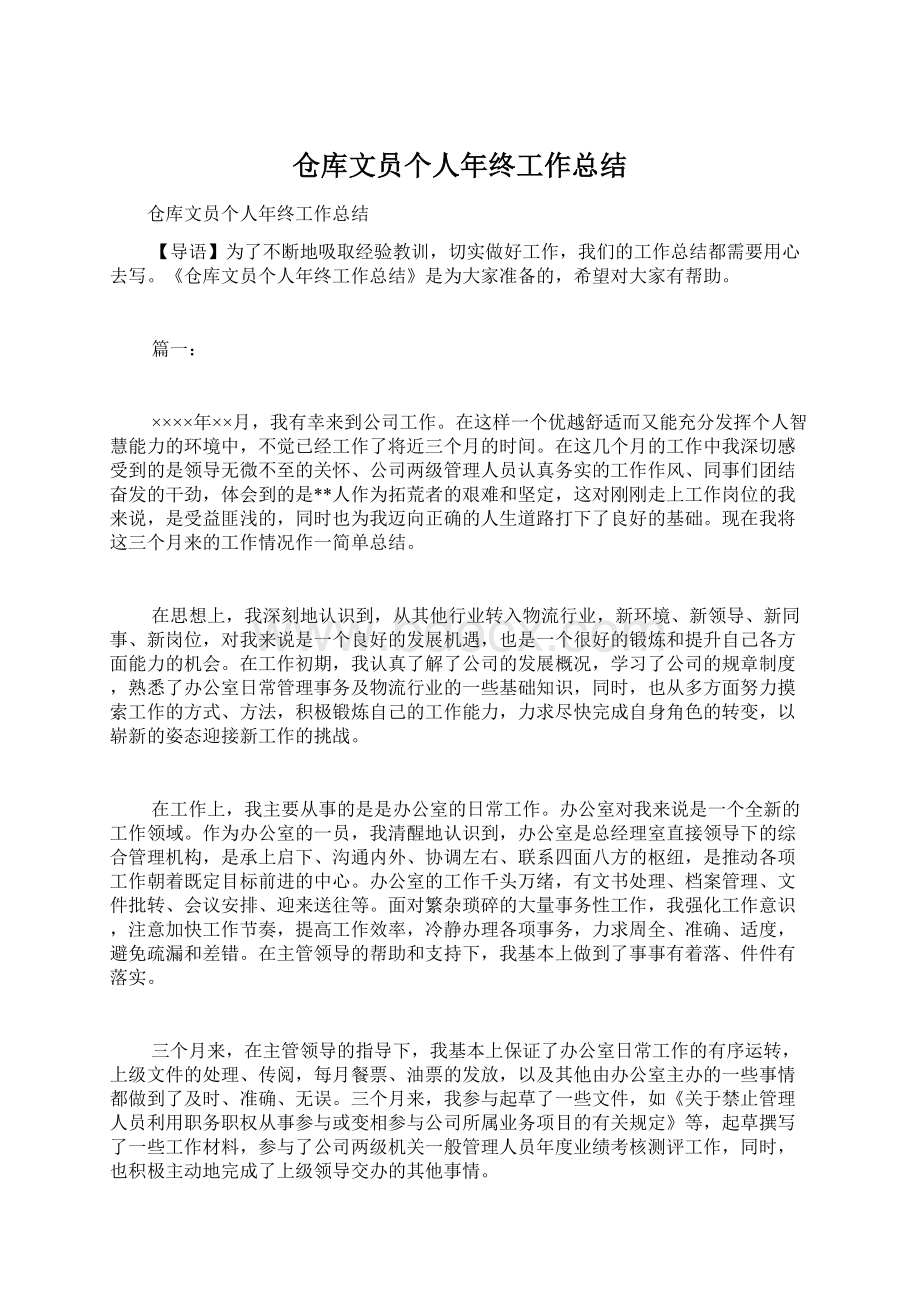 仓库文员个人年终工作总结Word格式文档下载.docx