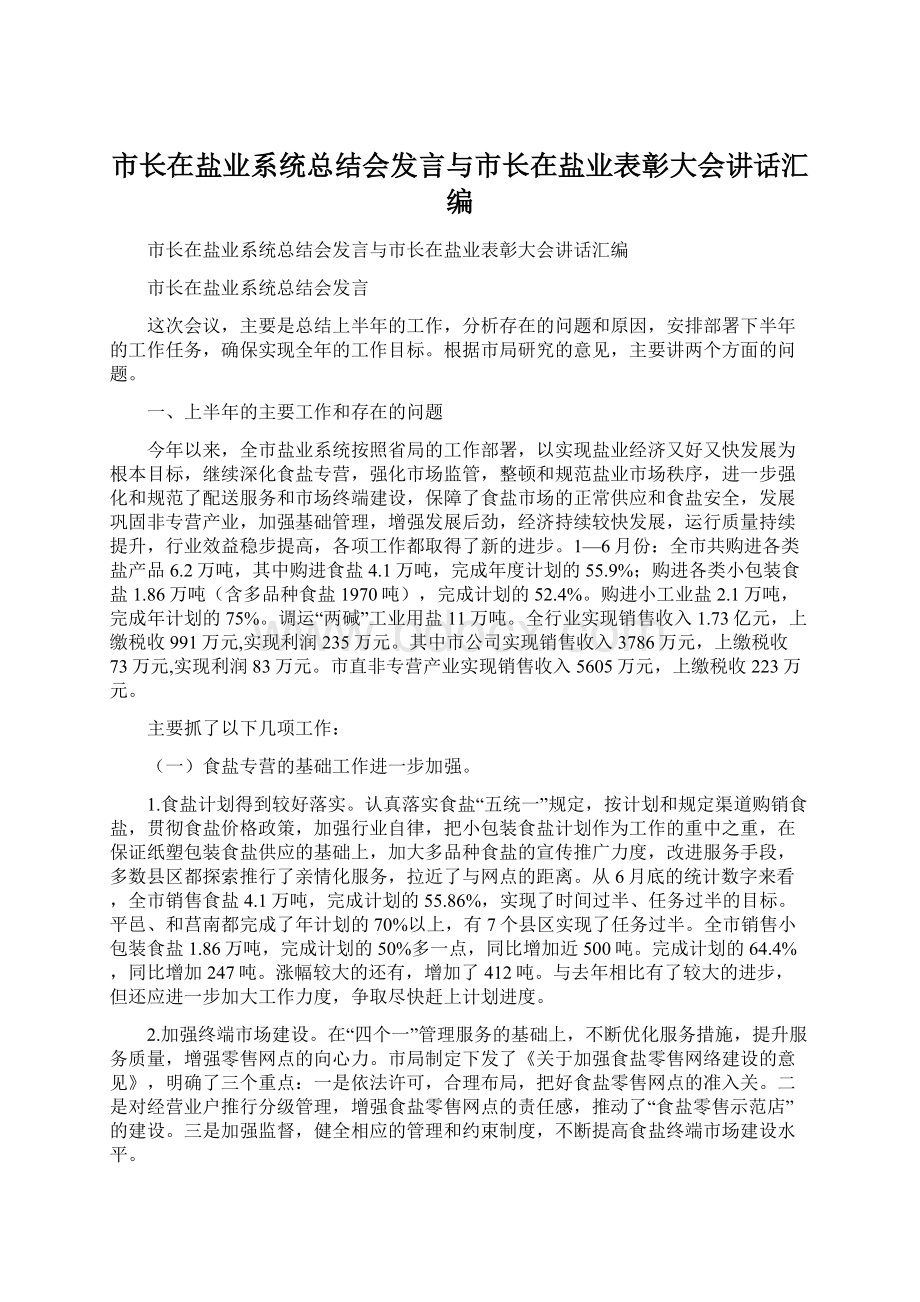 市长在盐业系统总结会发言与市长在盐业表彰大会讲话汇编.docx_第1页