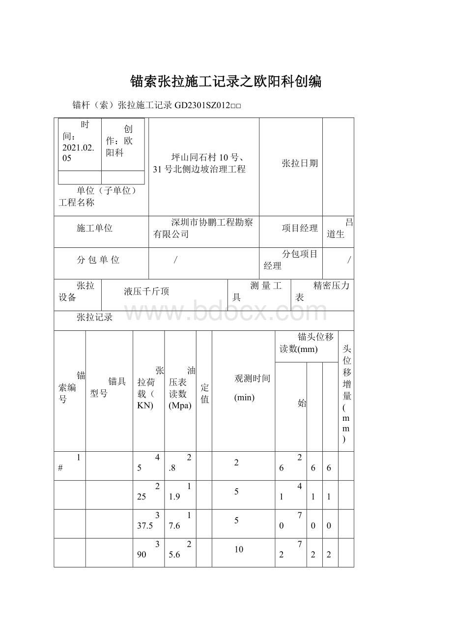 锚索张拉施工记录之欧阳科创编文档格式.docx