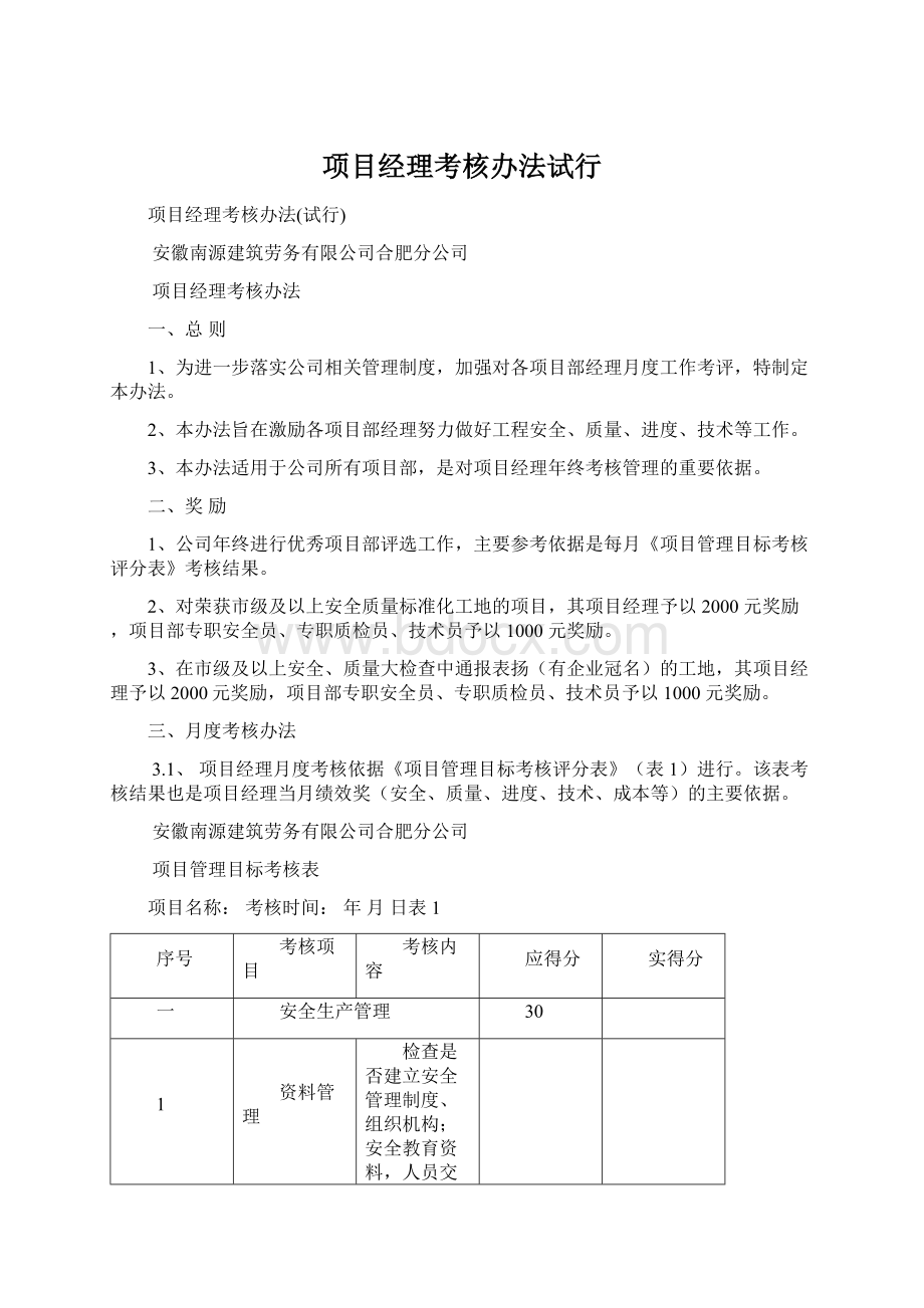 项目经理考核办法试行Word下载.docx