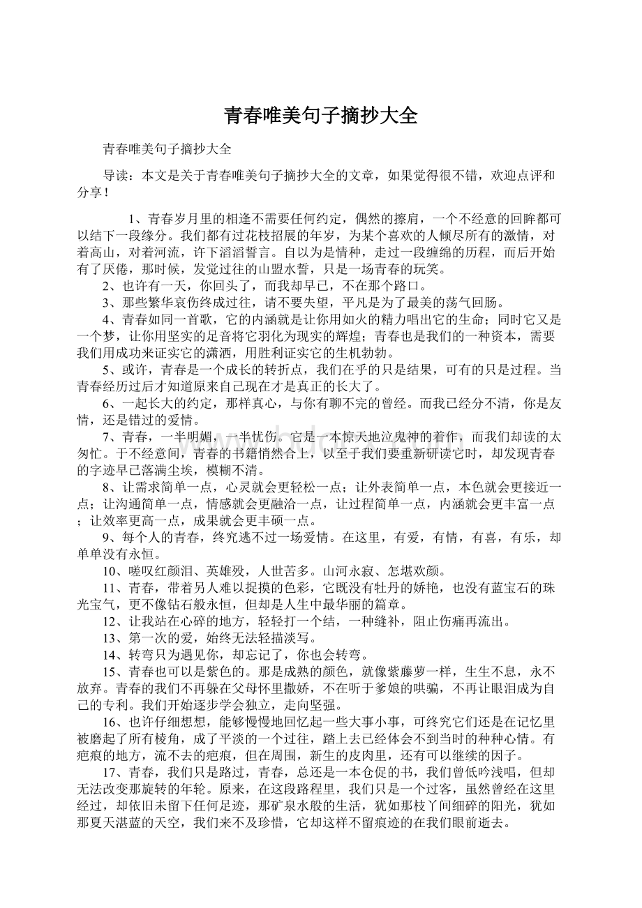 青春唯美句子摘抄大全文档格式.docx