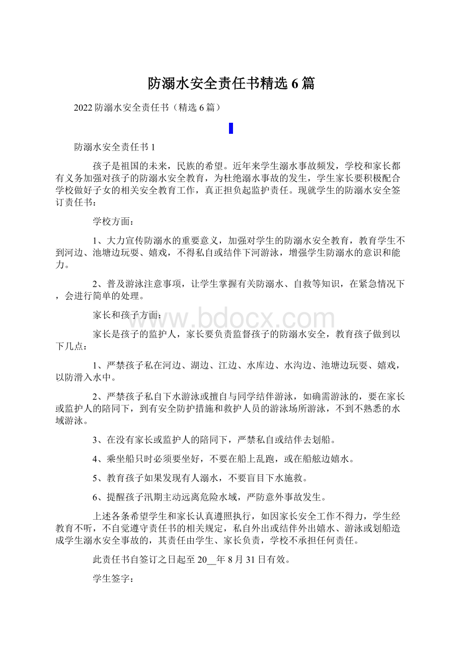 防溺水安全责任书精选6篇文档格式.docx_第1页