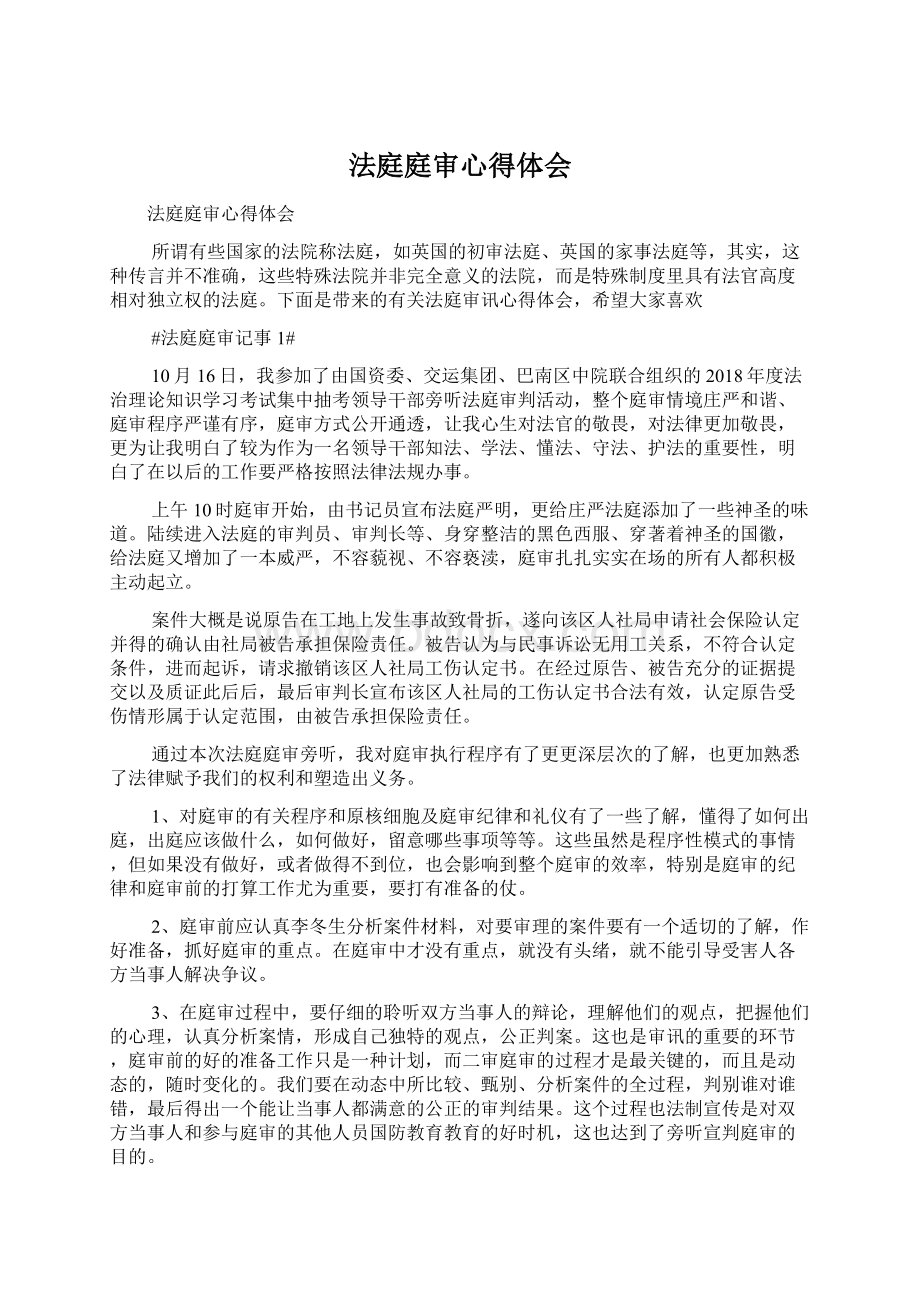 法庭庭审心得体会Word下载.docx