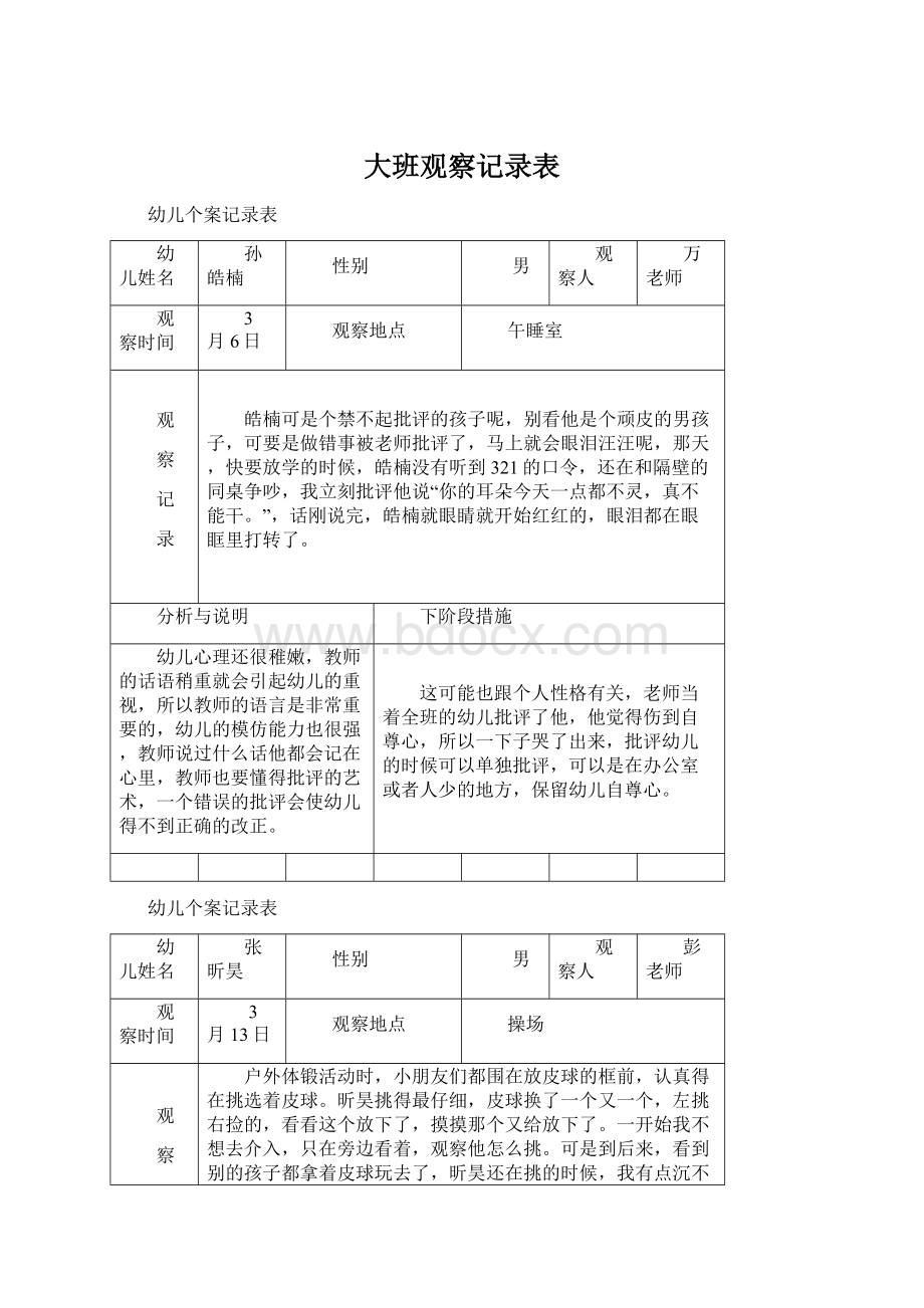 大班观察记录表Word文件下载.docx