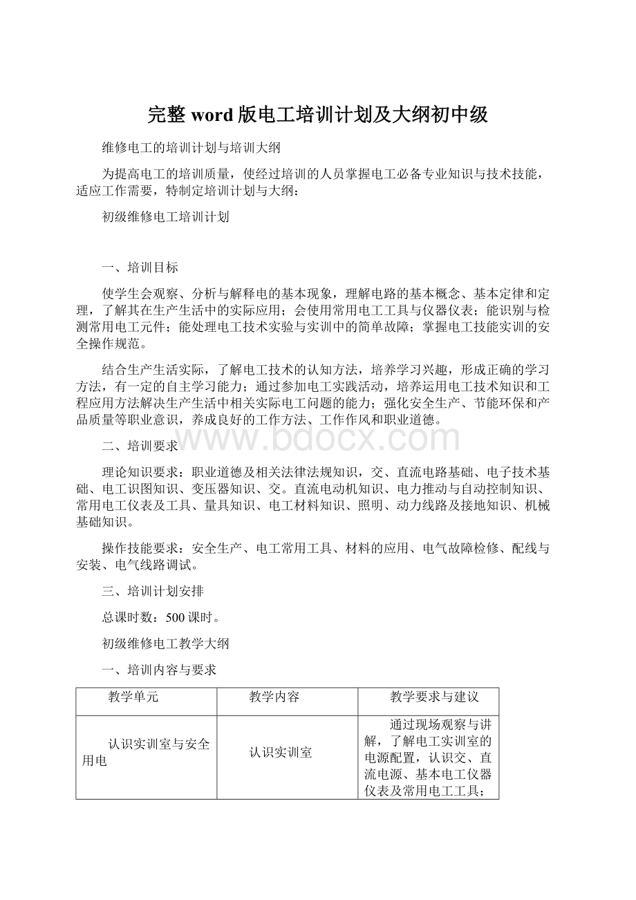 完整word版电工培训计划及大纲初中级.docx_第1页