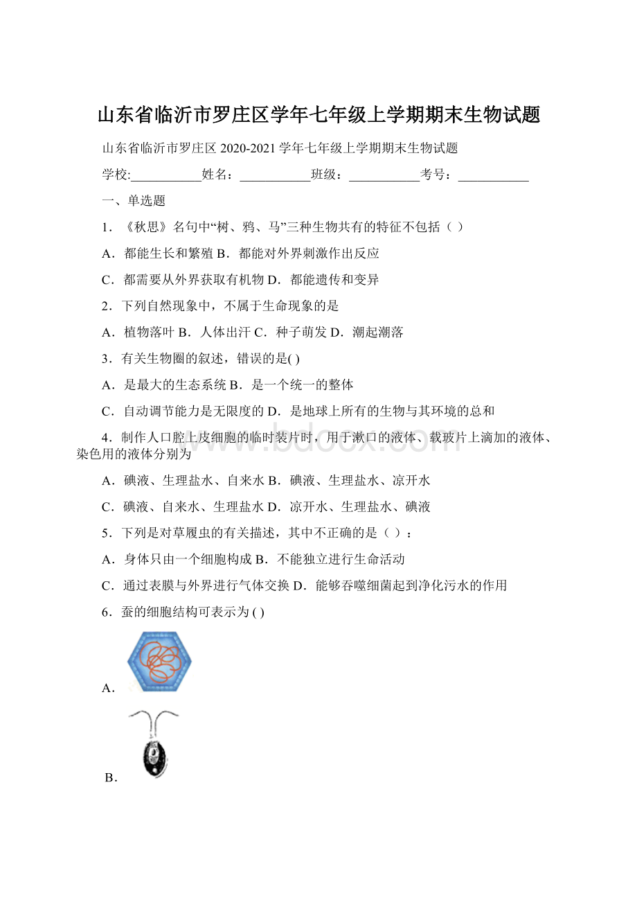 山东省临沂市罗庄区学年七年级上学期期末生物试题Word格式文档下载.docx_第1页