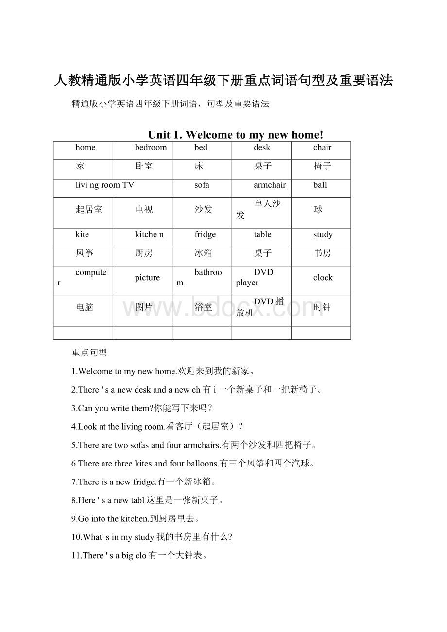 人教精通版小学英语四年级下册重点词语句型及重要语法.docx