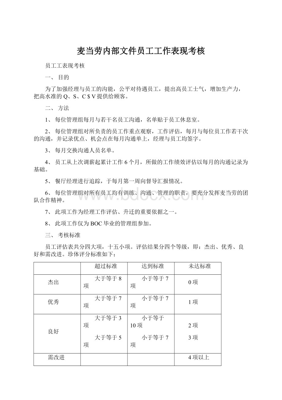 麦当劳内部文件员工工作表现考核.docx