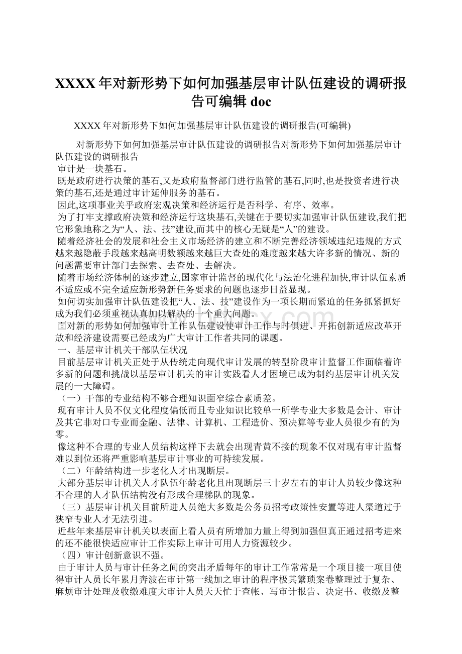 XXXX年对新形势下如何加强基层审计队伍建设的调研报告可编辑docWord格式.docx