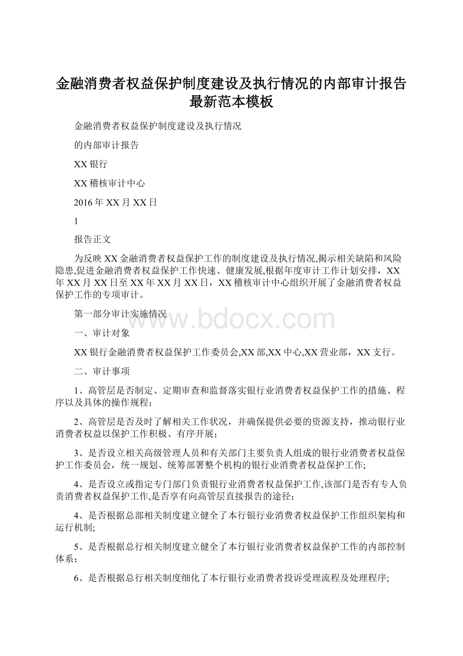 金融消费者权益保护制度建设及执行情况的内部审计报告最新范本模板Word下载.docx