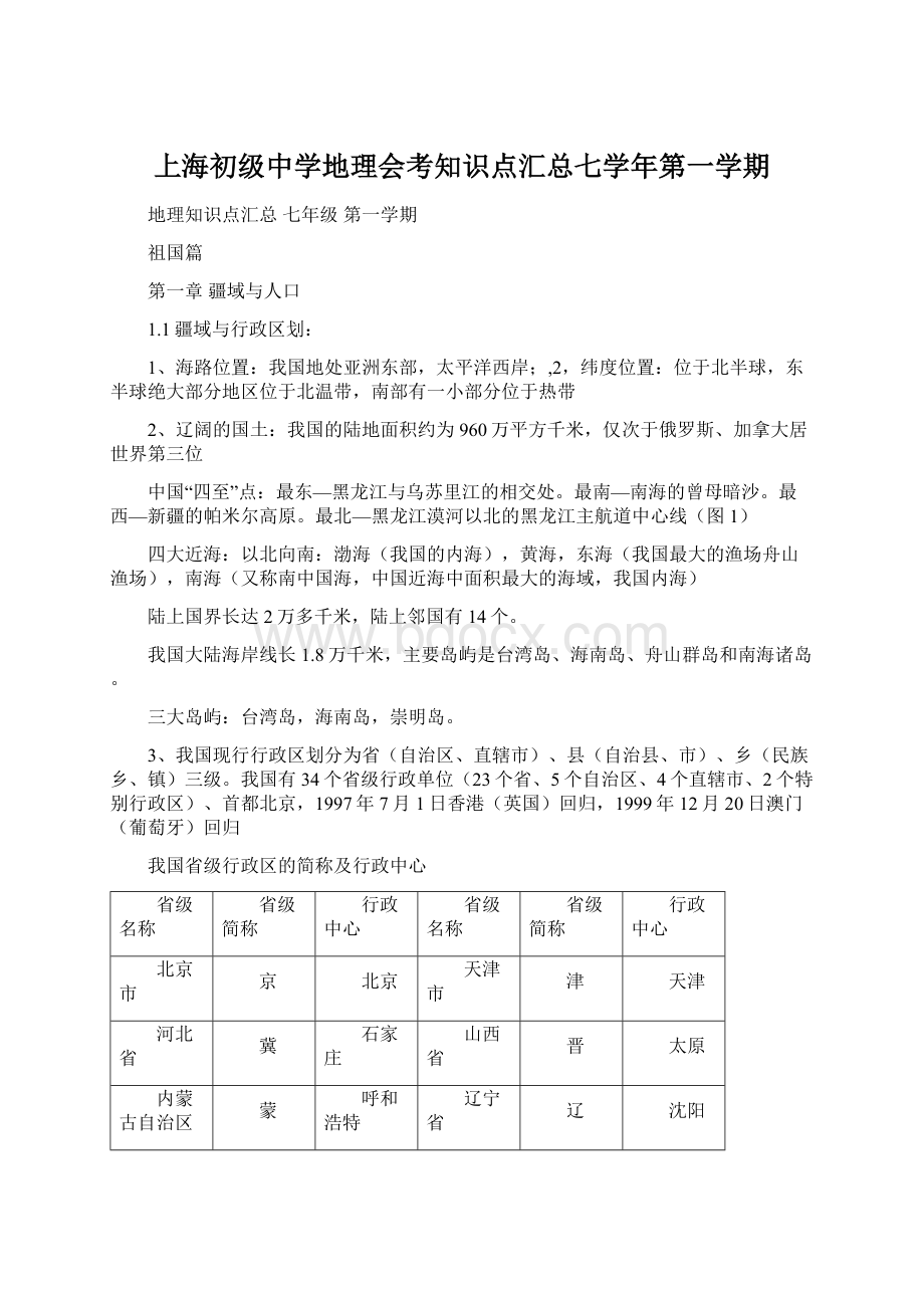 上海初级中学地理会考知识点汇总七学年第一学期.docx_第1页
