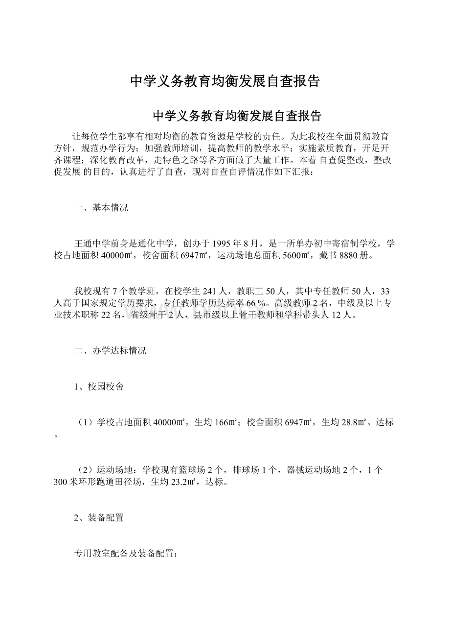 中学义务教育均衡发展自查报告Word文档下载推荐.docx