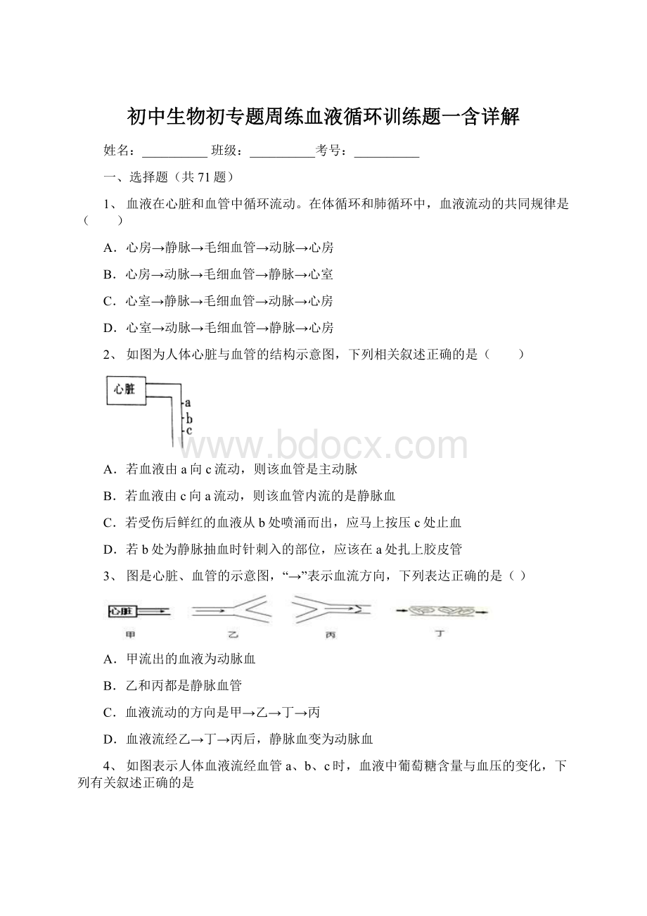 初中生物初专题周练血液循环训练题一含详解.docx