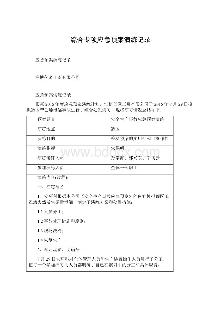 综合专项应急预案演练记录Word文件下载.docx