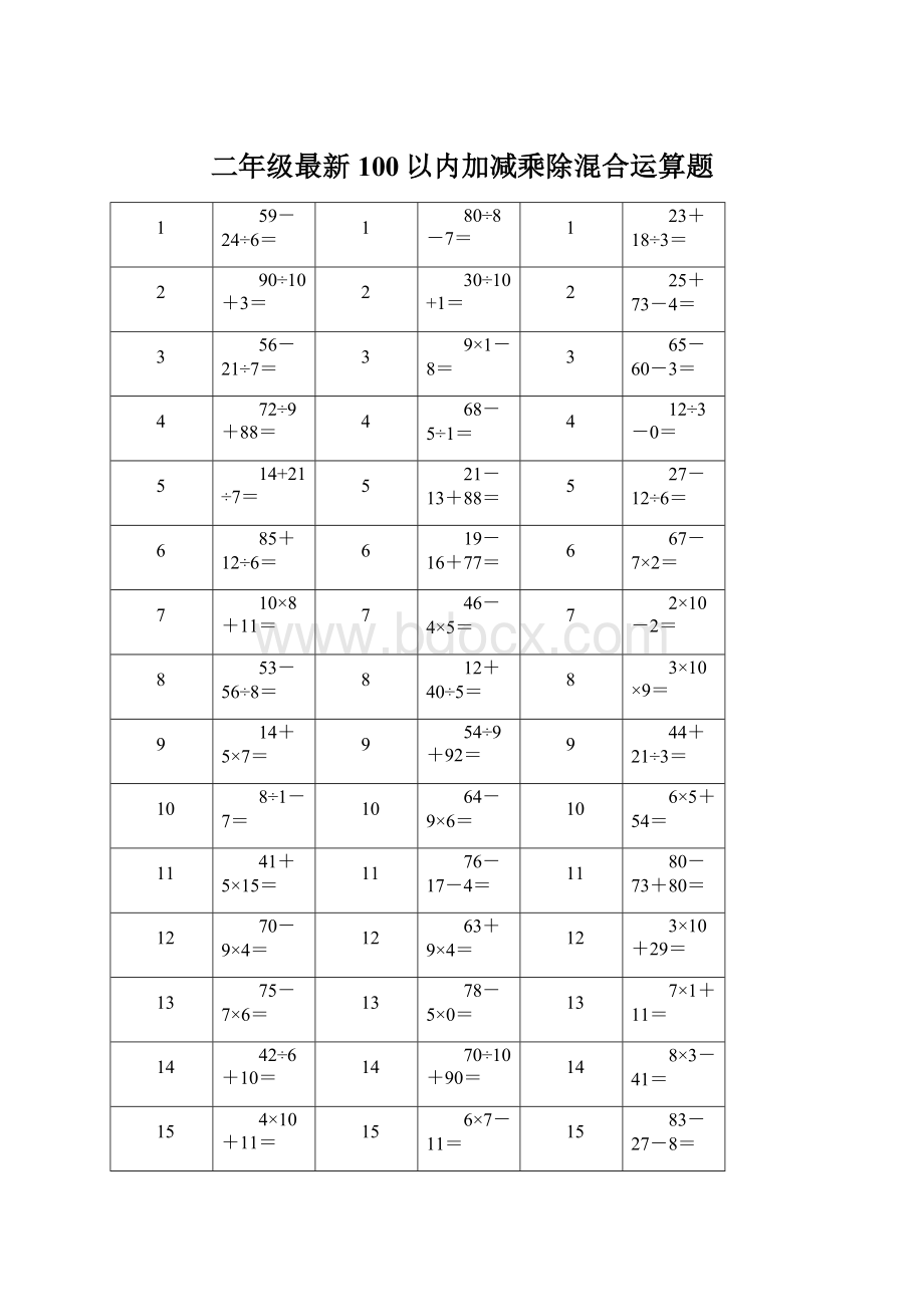 二年级最新100以内加减乘除混合运算题Word格式文档下载.docx_第1页