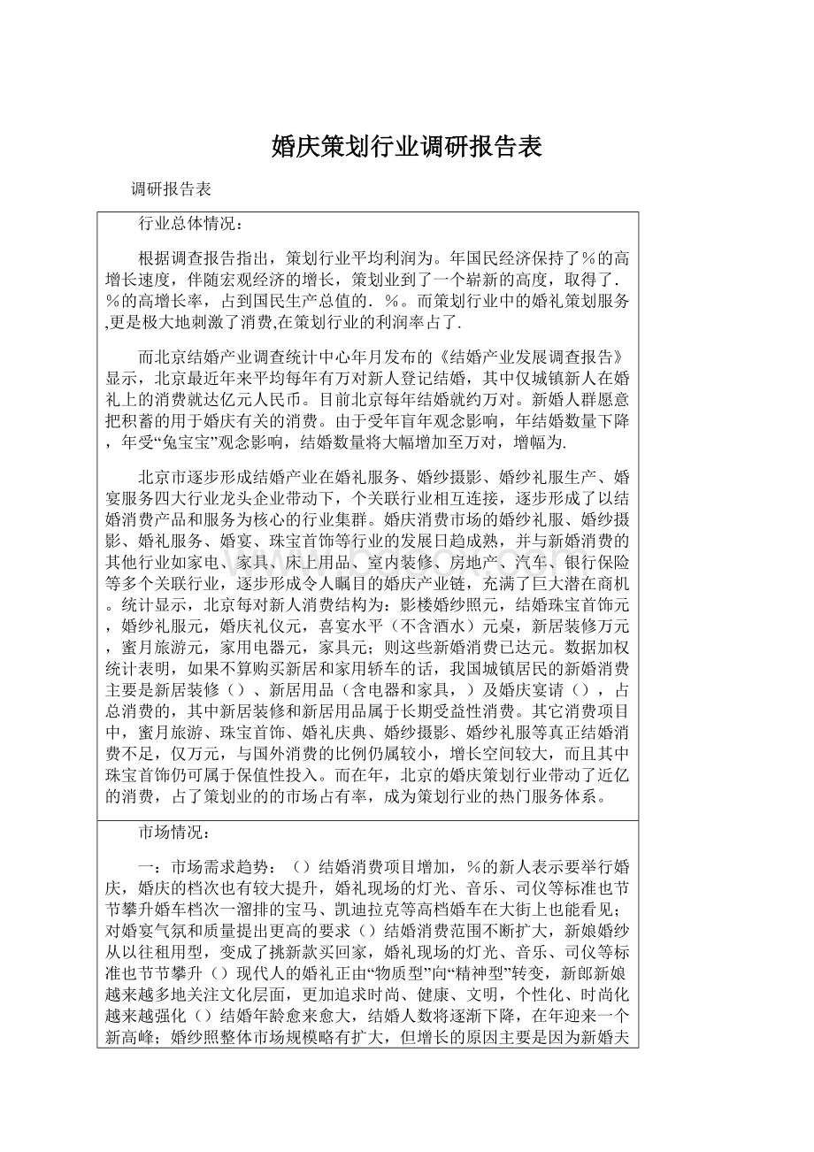 婚庆策划行业调研报告表Word文档下载推荐.docx_第1页