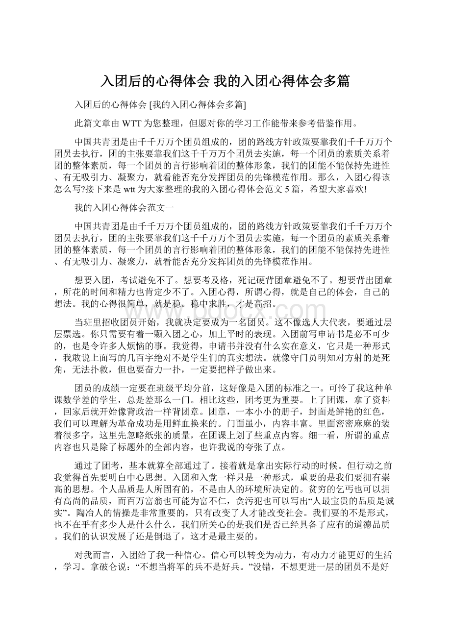 入团后的心得体会 我的入团心得体会多篇Word格式.docx_第1页