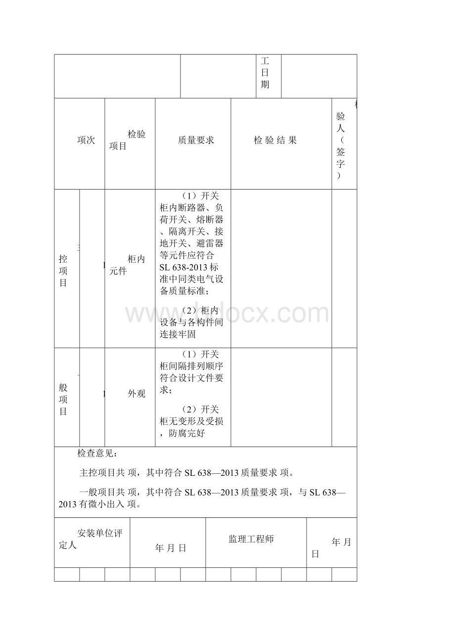 高压开关柜安装单元工程质量验收评定表Word文档下载推荐.docx_第3页