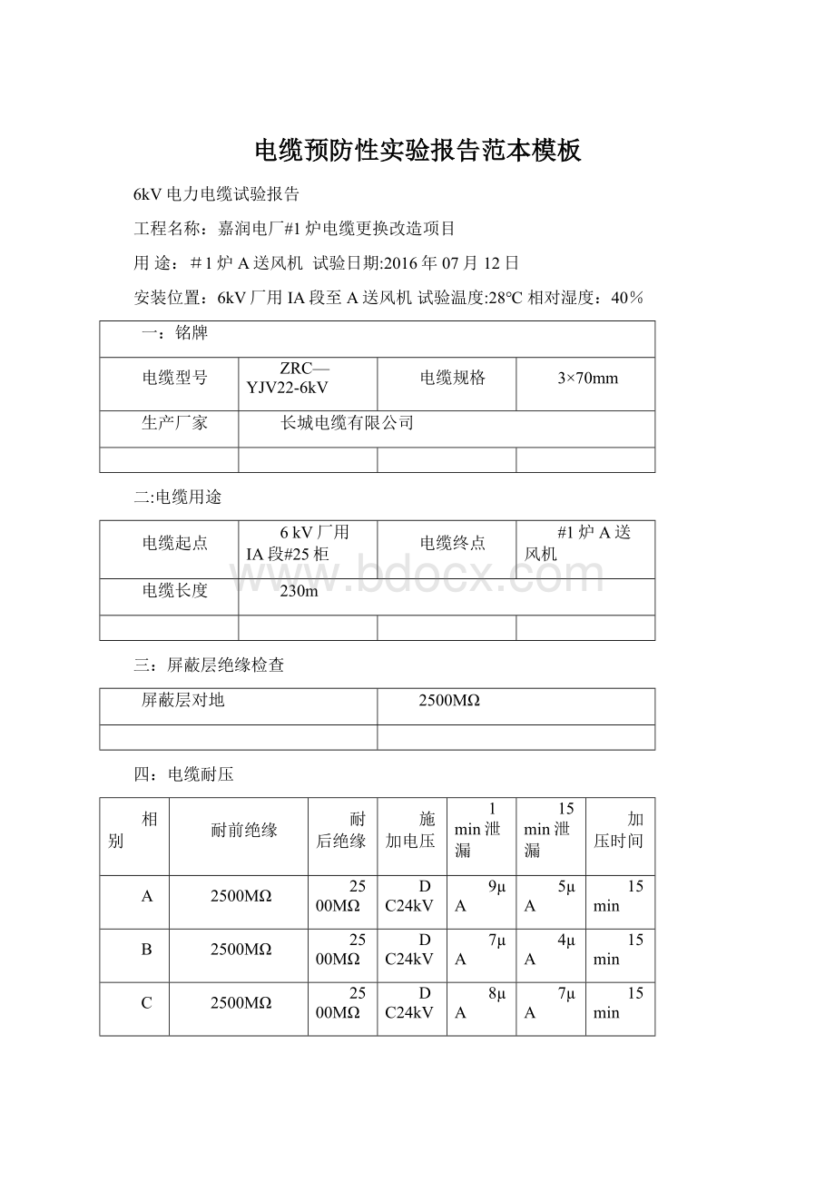 电缆预防性实验报告范本模板.docx