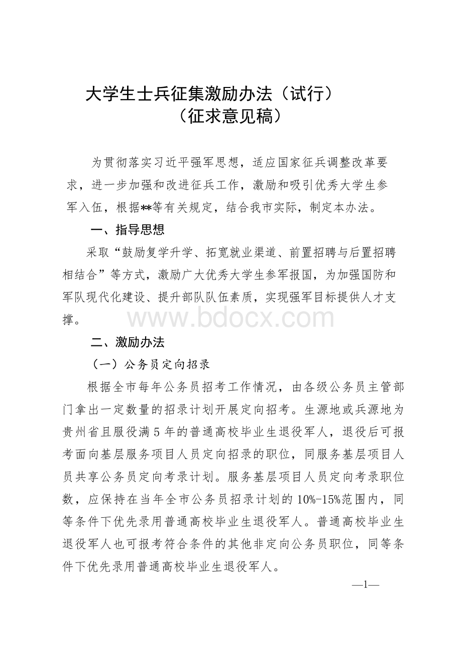 大学生士兵征集激励办法（试行）.rtf资料文档下载_第1页