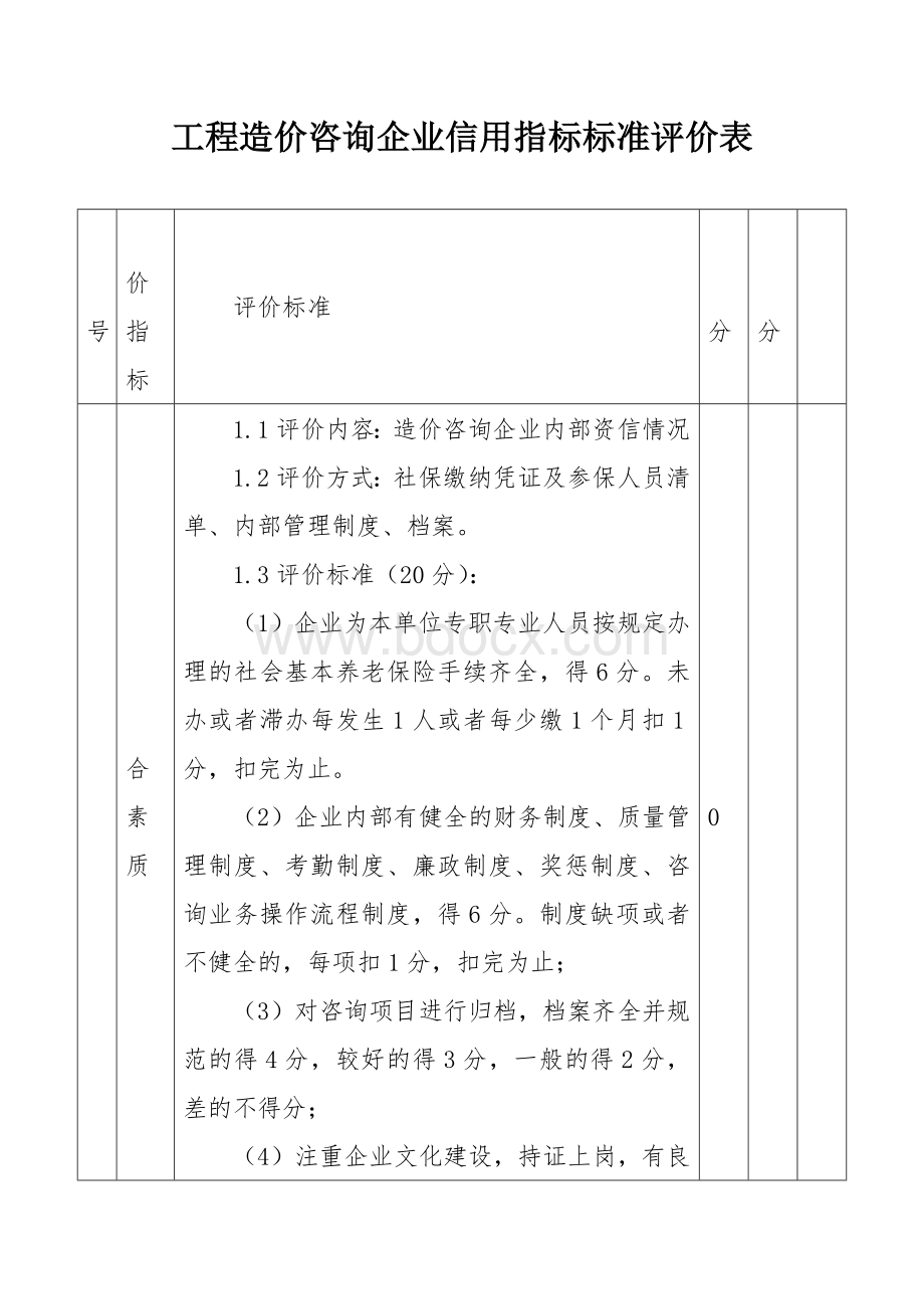 工程造价咨询企业信用指标标准评价表.docx_第1页