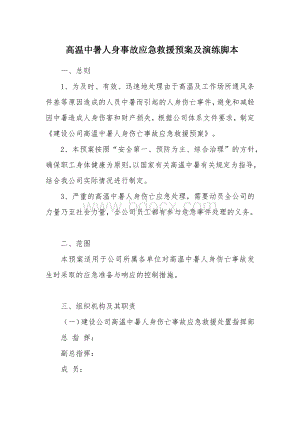 高温中暑人身事故应急救援预案及演练脚本Word文档格式.docx