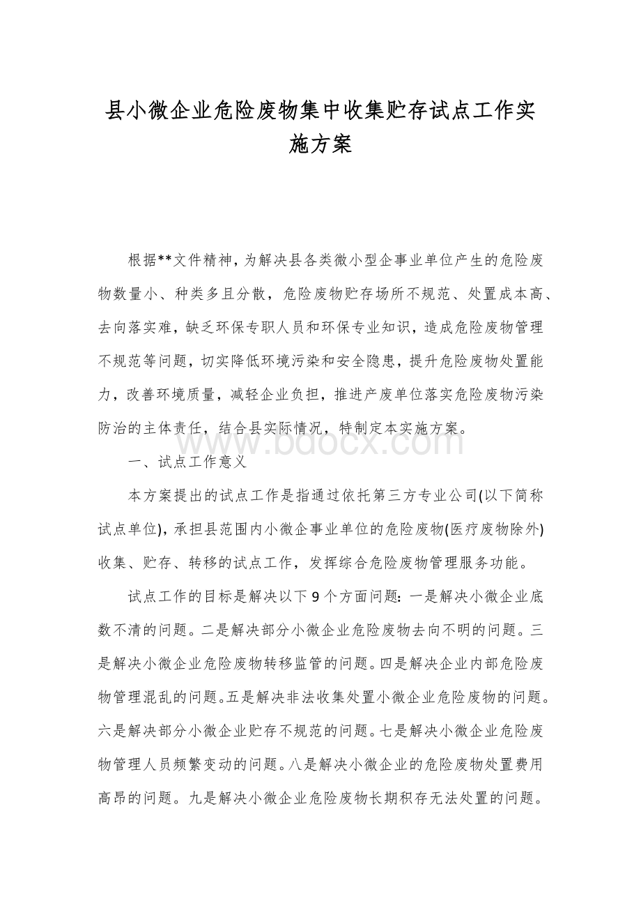 小微企业危险废物集中收集贮存试点工作实施方案Word文档格式.docx