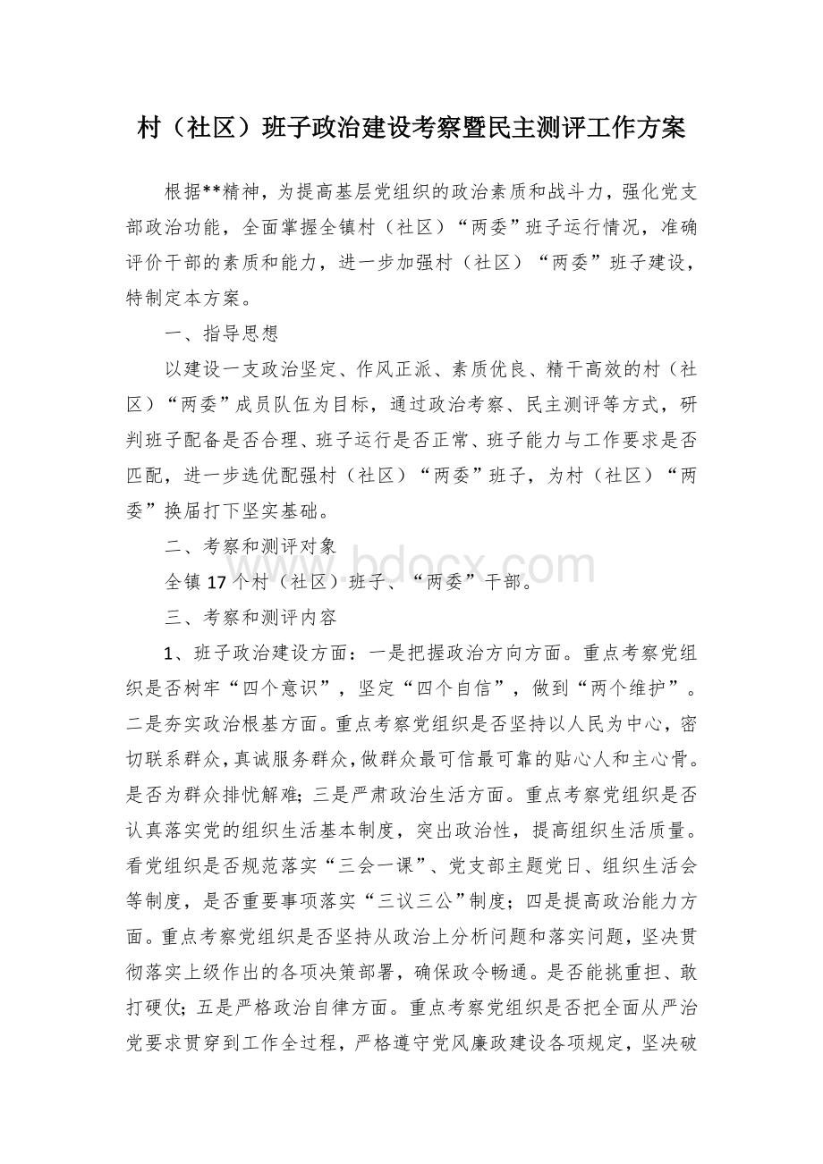 村（社区）班子政治建设考察暨民主测评工作方案Word格式.docx