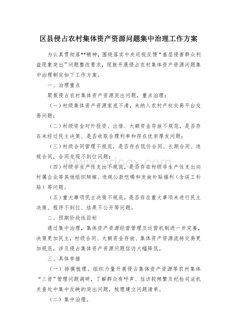 区县侵占农村集体资产资源问题集中治理工作方案.docx_第1页