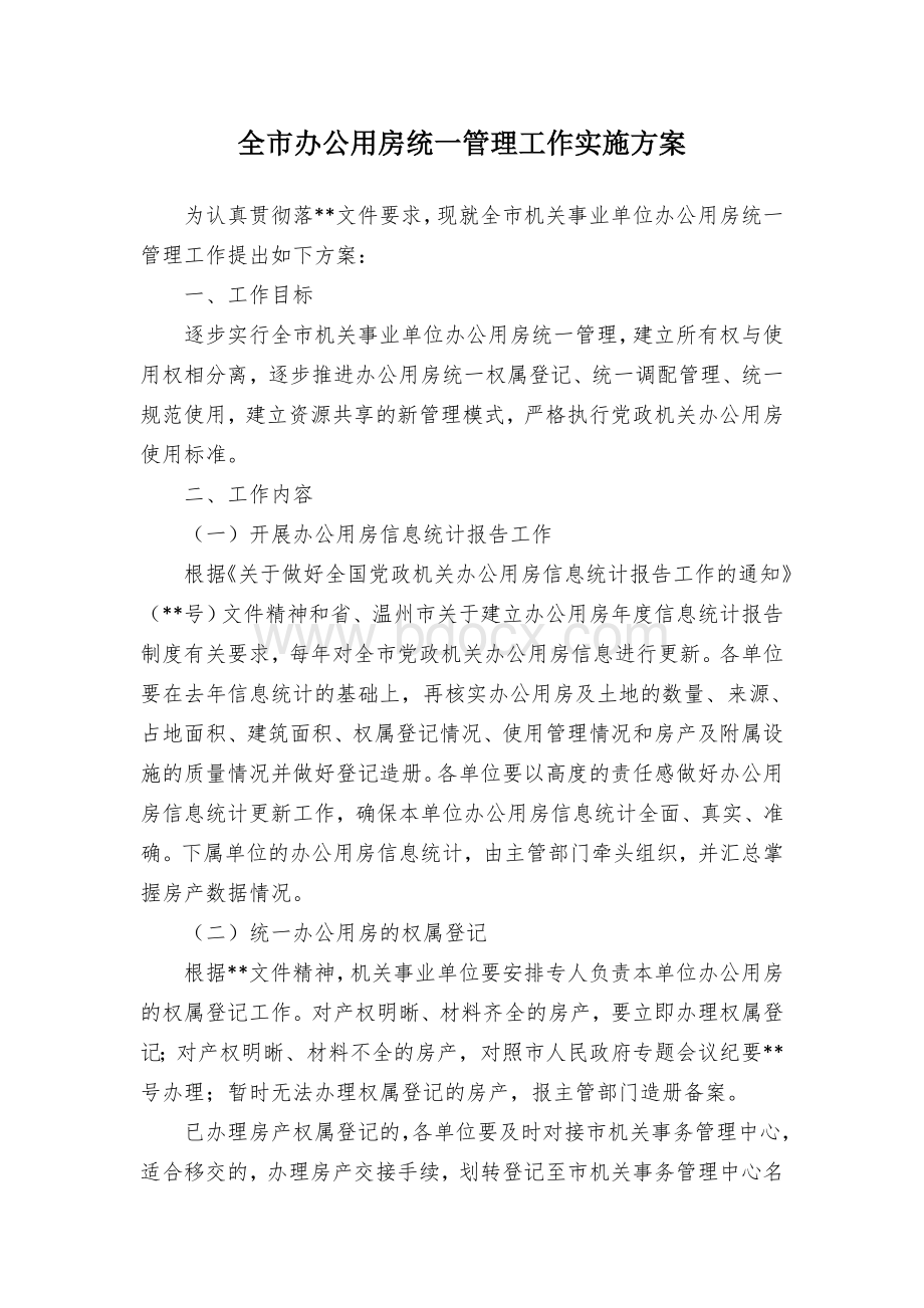 全市办公用房统一管理工作实施方案.docx_第1页