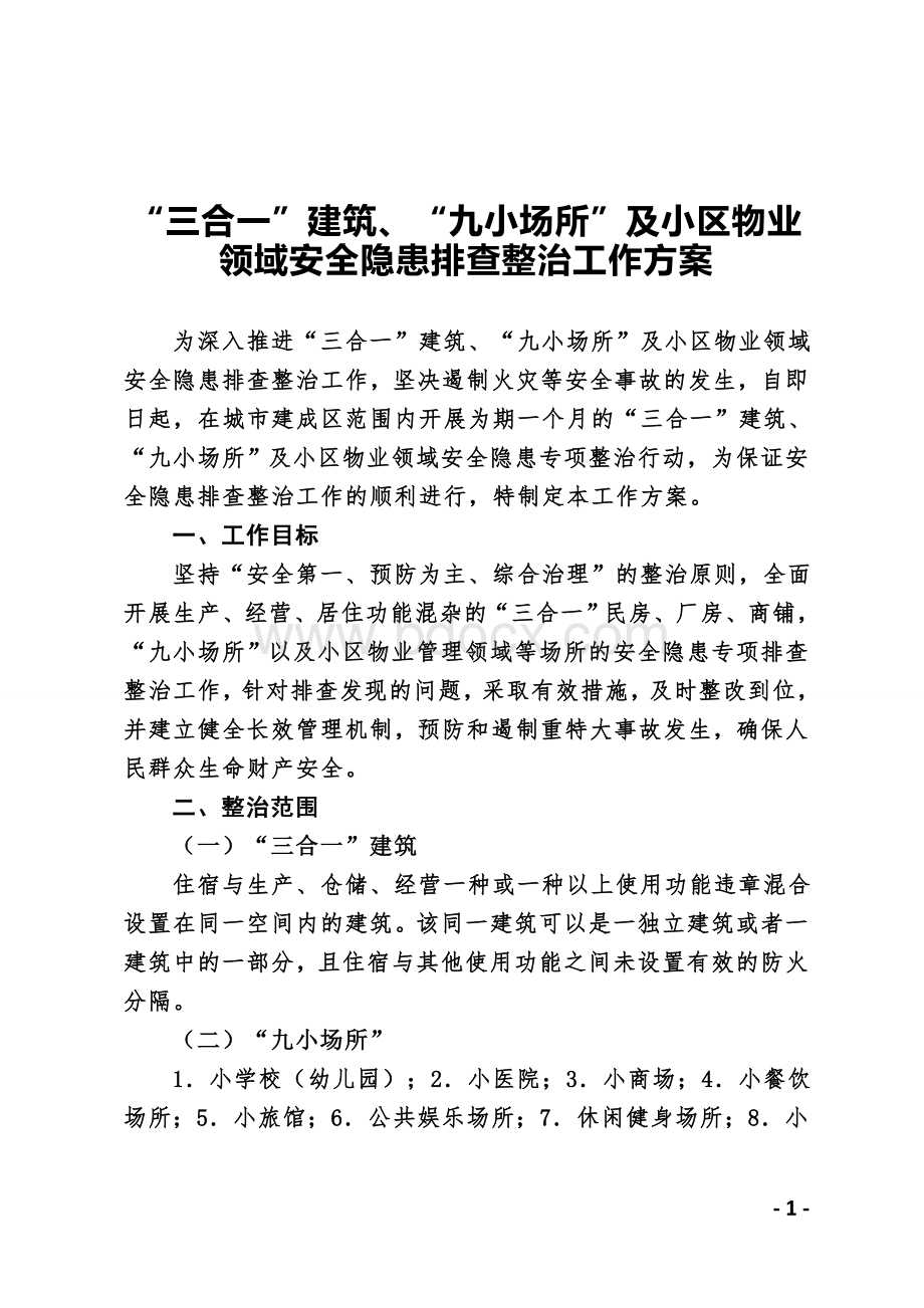 “三合一”建筑、“九小场所”及小区物业领域安全隐患排查整治工作方案.doc