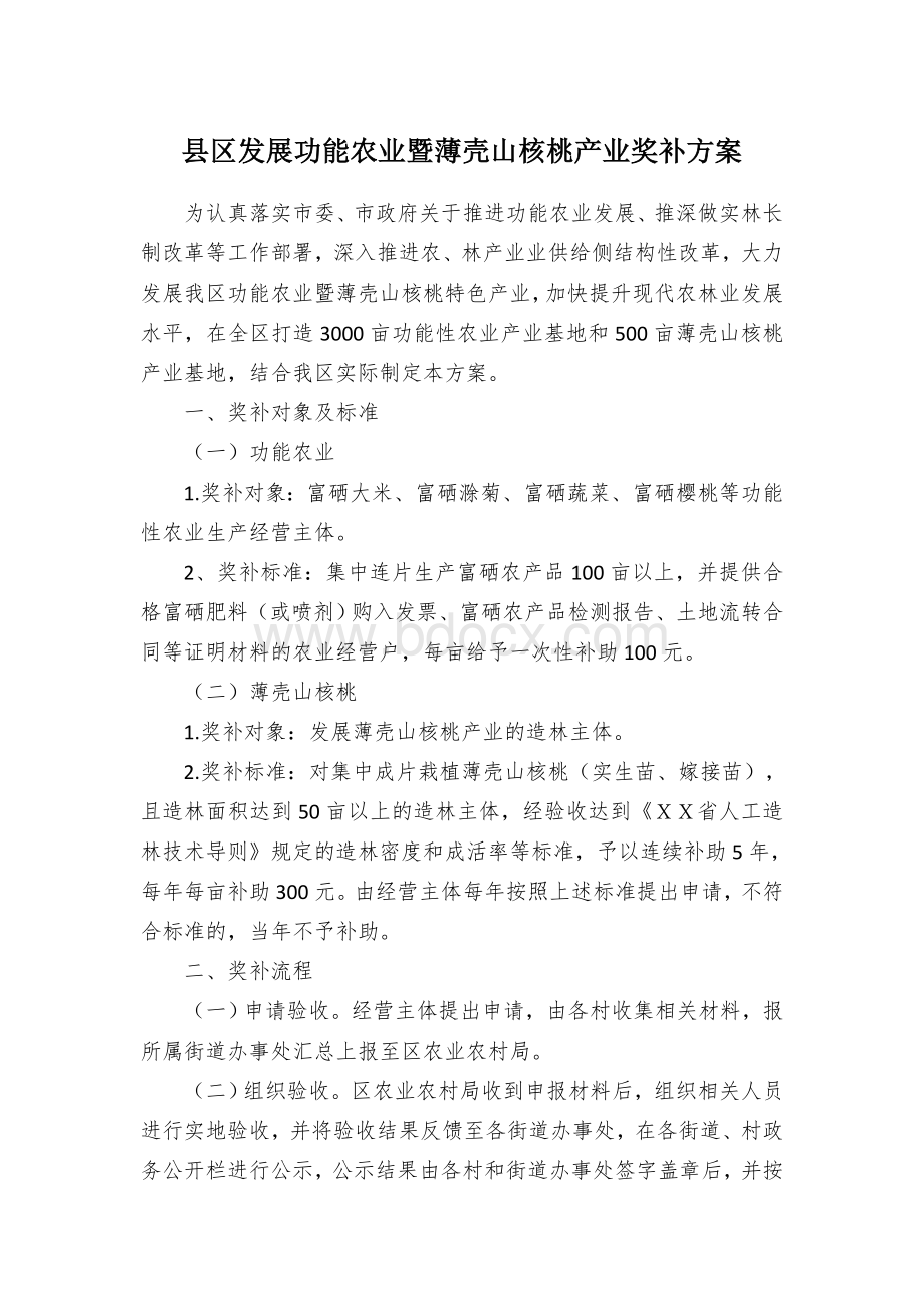 县区发展功能农业暨薄壳山核桃产业奖补方案.docx_第1页