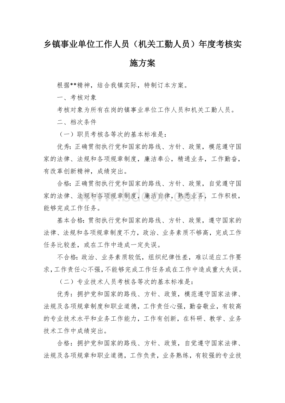 乡镇事业单位工作人员（机关工勤人员）年度考核实施方案Word下载.docx