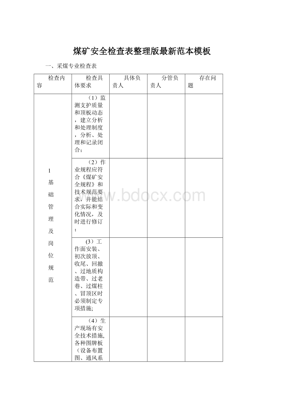 煤矿安全检查表整理版最新范本模板Word文档下载推荐.docx_第1页