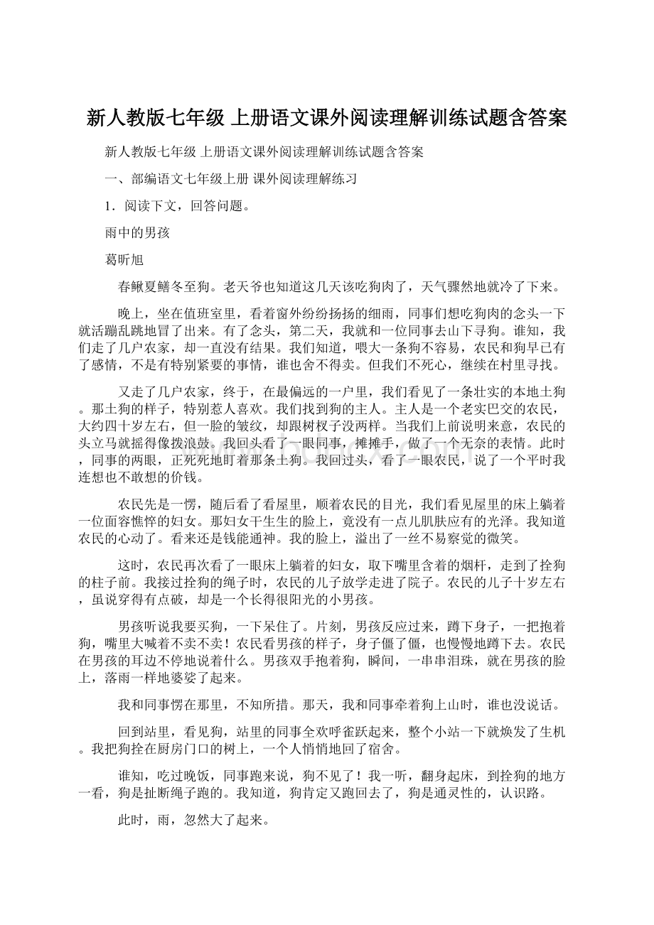 新人教版七年级 上册语文课外阅读理解训练试题含答案.docx