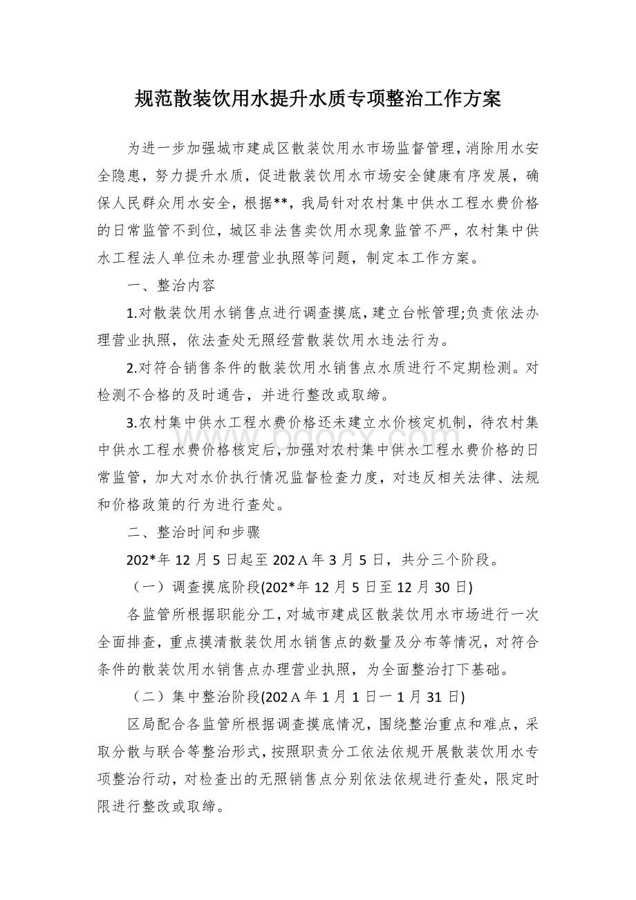 规范散装饮用水提升水质专项整治工作方案.docx_第1页