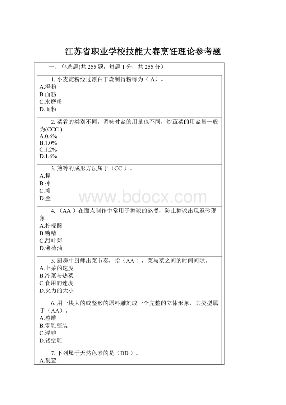 江苏省职业学校技能大赛烹饪理论参考题.docx