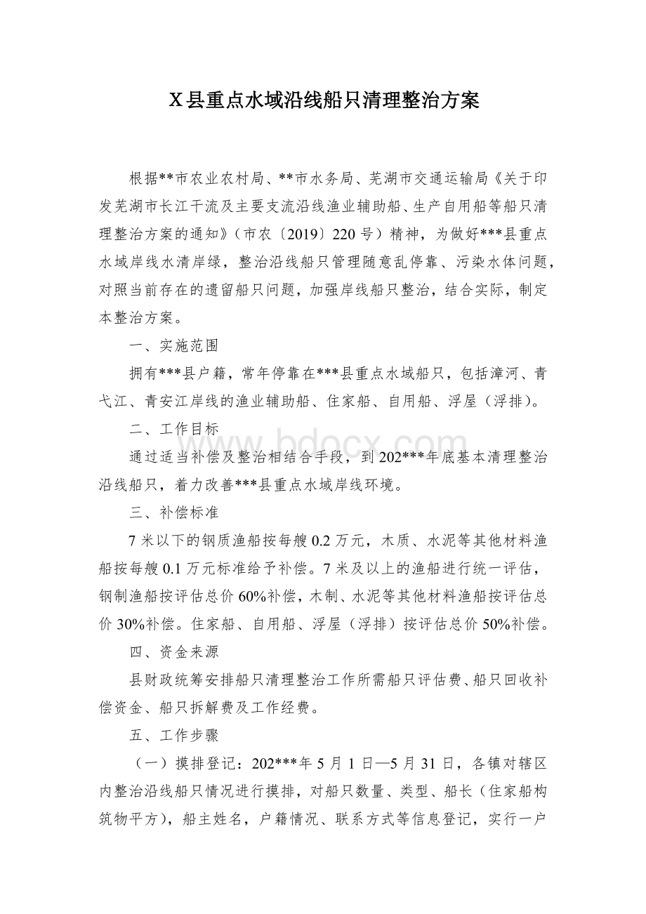 Ｘ县重点水域沿线船只清理整治方案Word文档下载推荐.docx_第1页