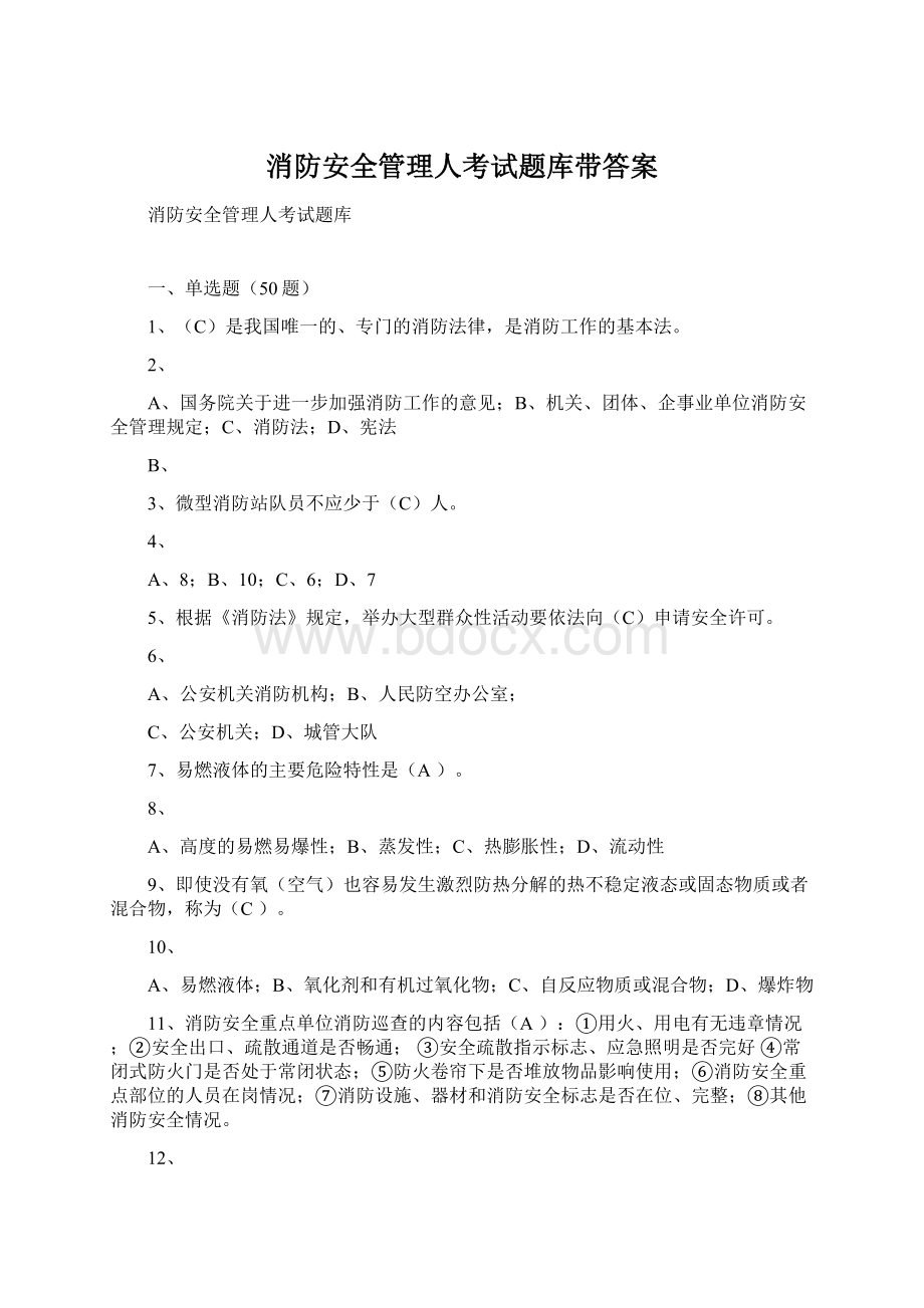 消防安全管理人考试题库带答案.docx