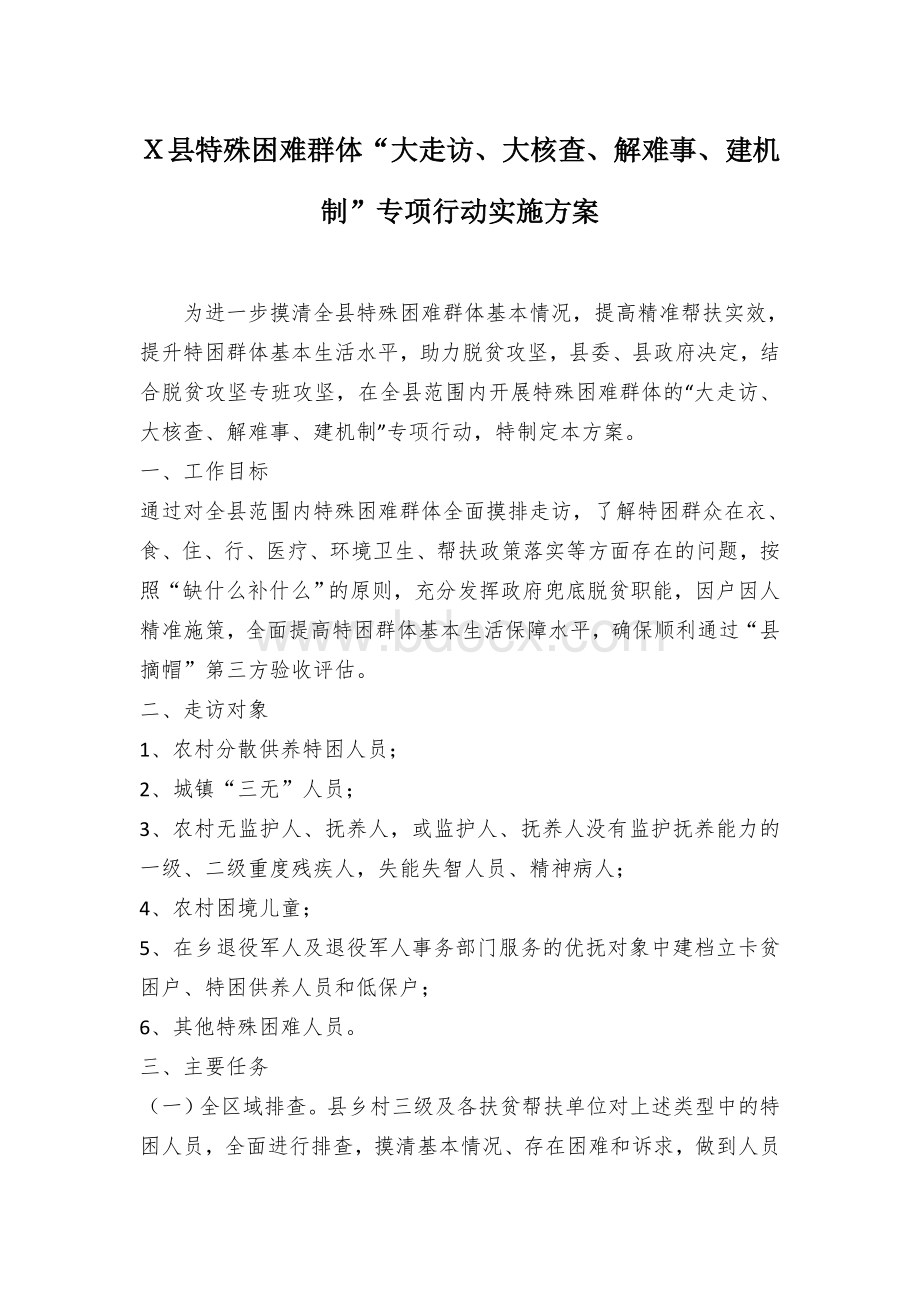 Ｘ县特殊困难群体“大走访、大核查、解难事、建机制”专项行动实施方案.docx_第1页