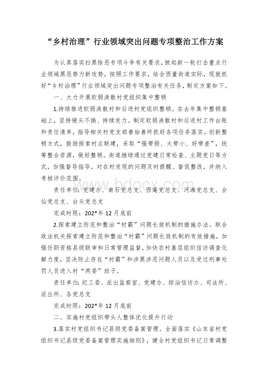 “乡村治理”行业领域突出问题专项整治工作方案Word下载.docx