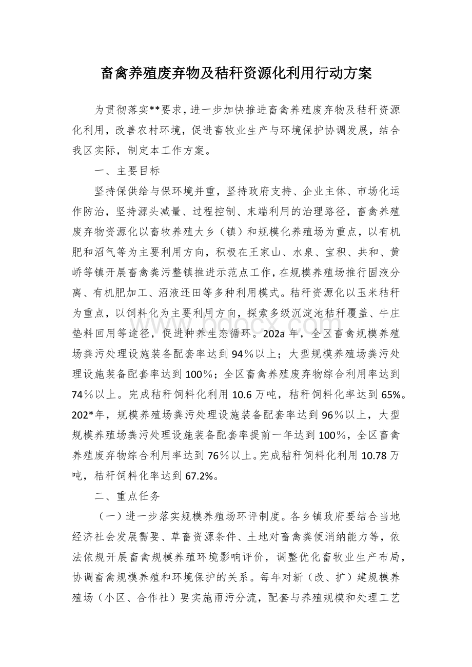 畜禽养殖废弃物及秸秆资源化利用行动方案Word文件下载.docx_第1页