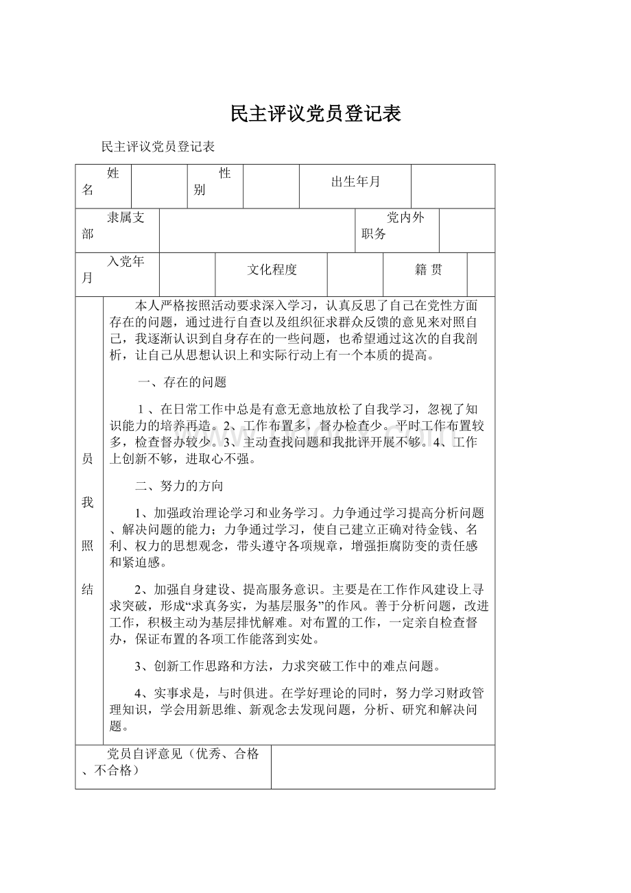 民主评议党员登记表Word格式文档下载.docx