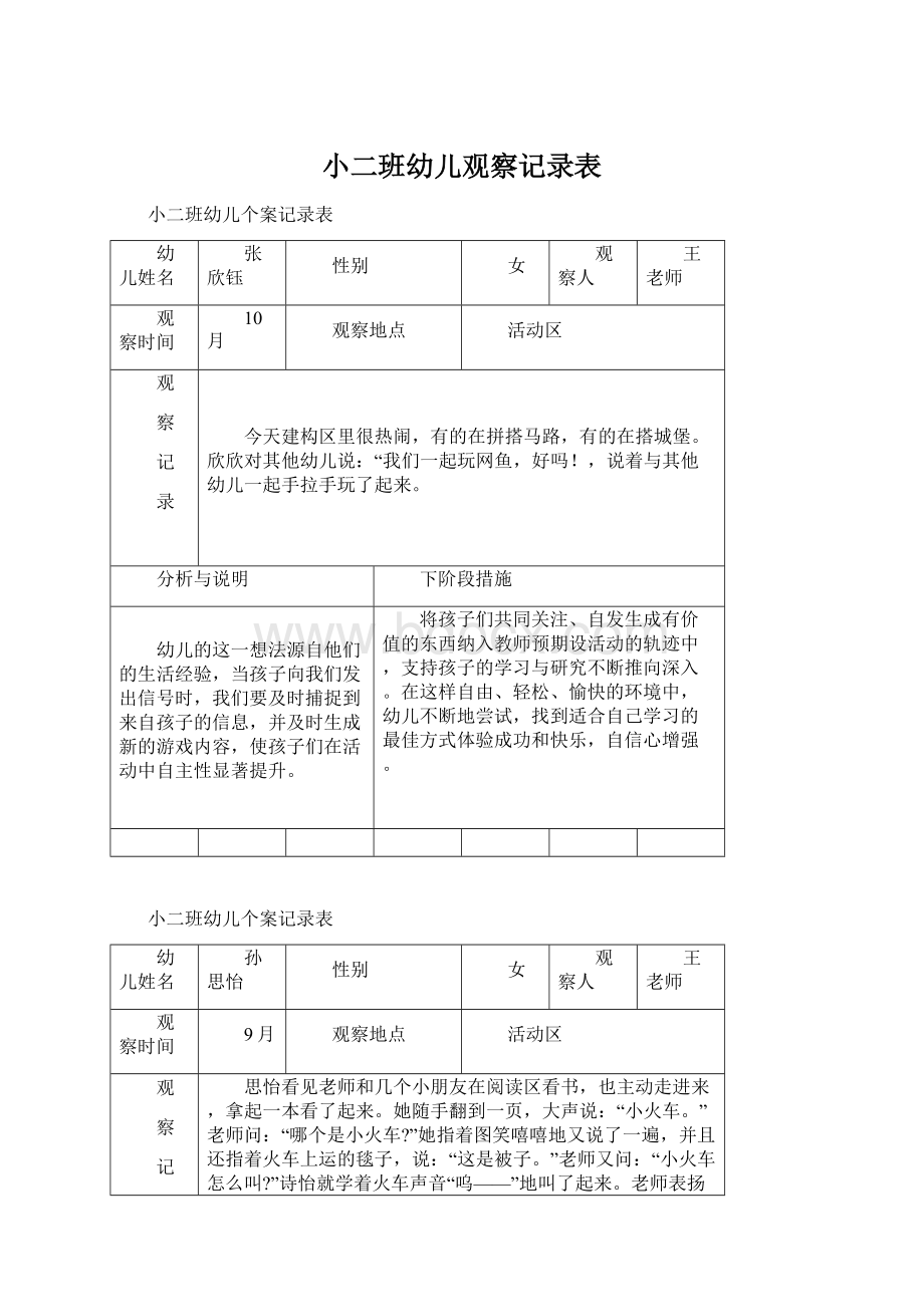 小二班幼儿观察记录表.docx_第1页