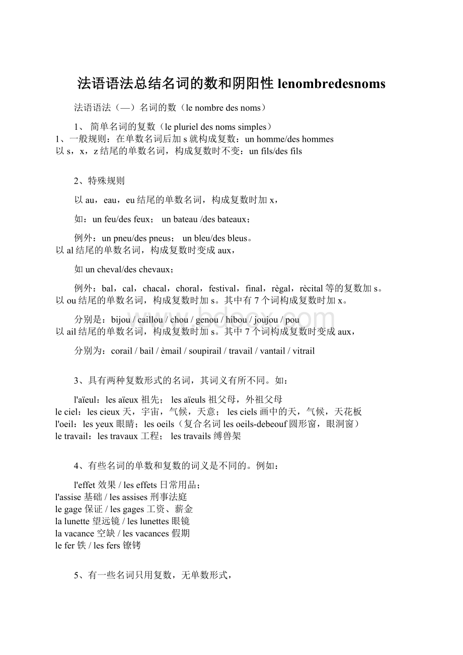 法语语法总结名词的数和阴阳性lenombredesnomsWord格式.docx_第1页