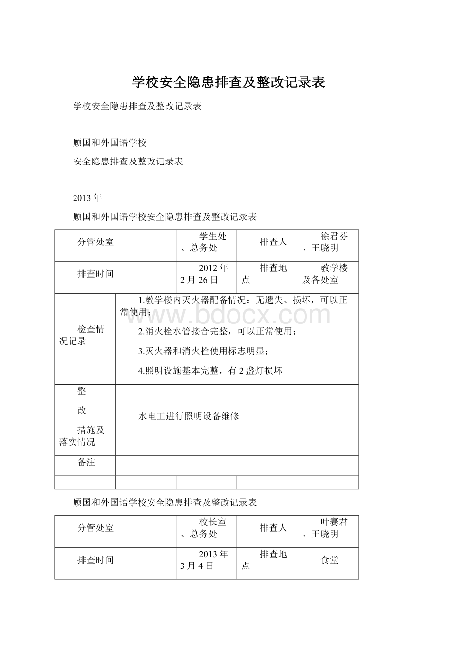 学校安全隐患排查及整改记录表Word格式.docx