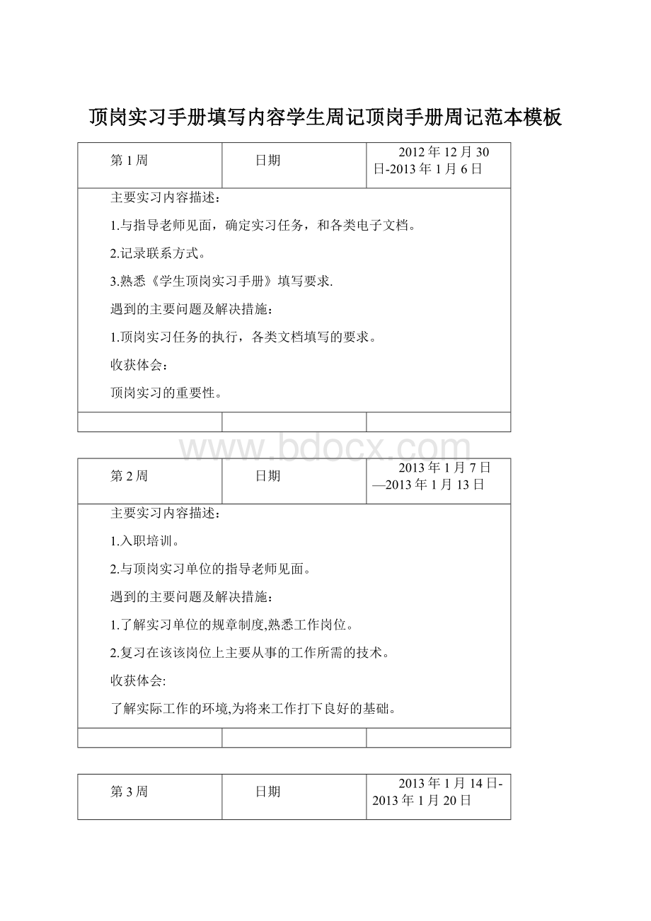 顶岗实习手册填写内容学生周记顶岗手册周记范本模板Word格式.docx_第1页